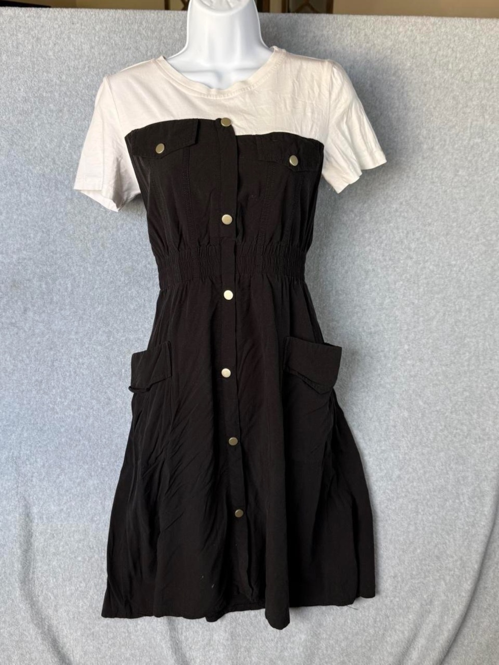 Colorblock Mini Dress Womens Large Black White Button Front Cargo Pockets